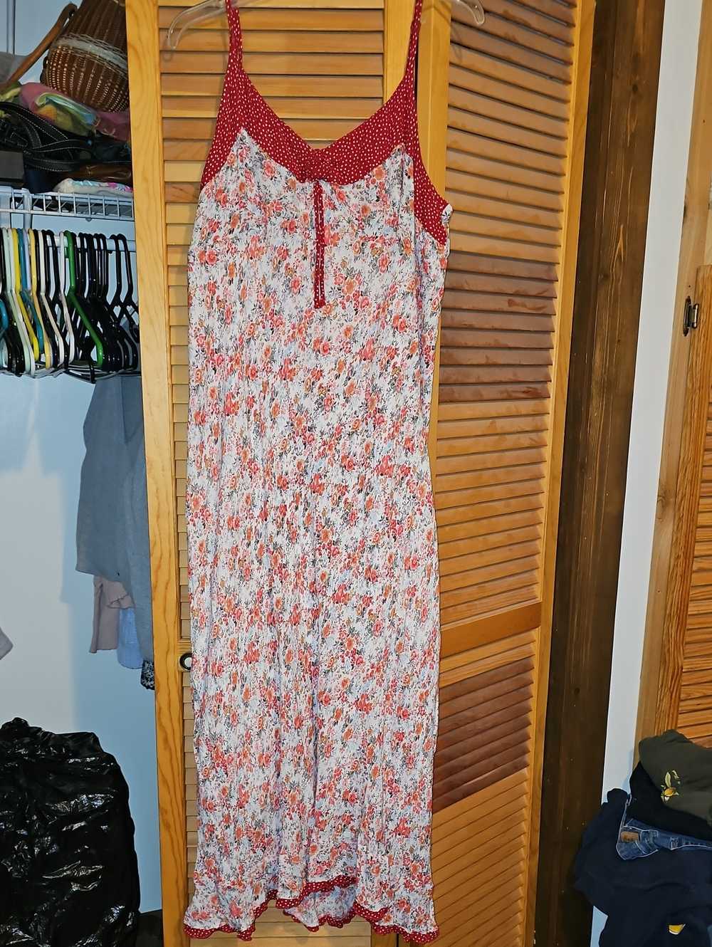 Newport News Red Floral Maxi Slip Dress with Polka Trim Fully Lined.